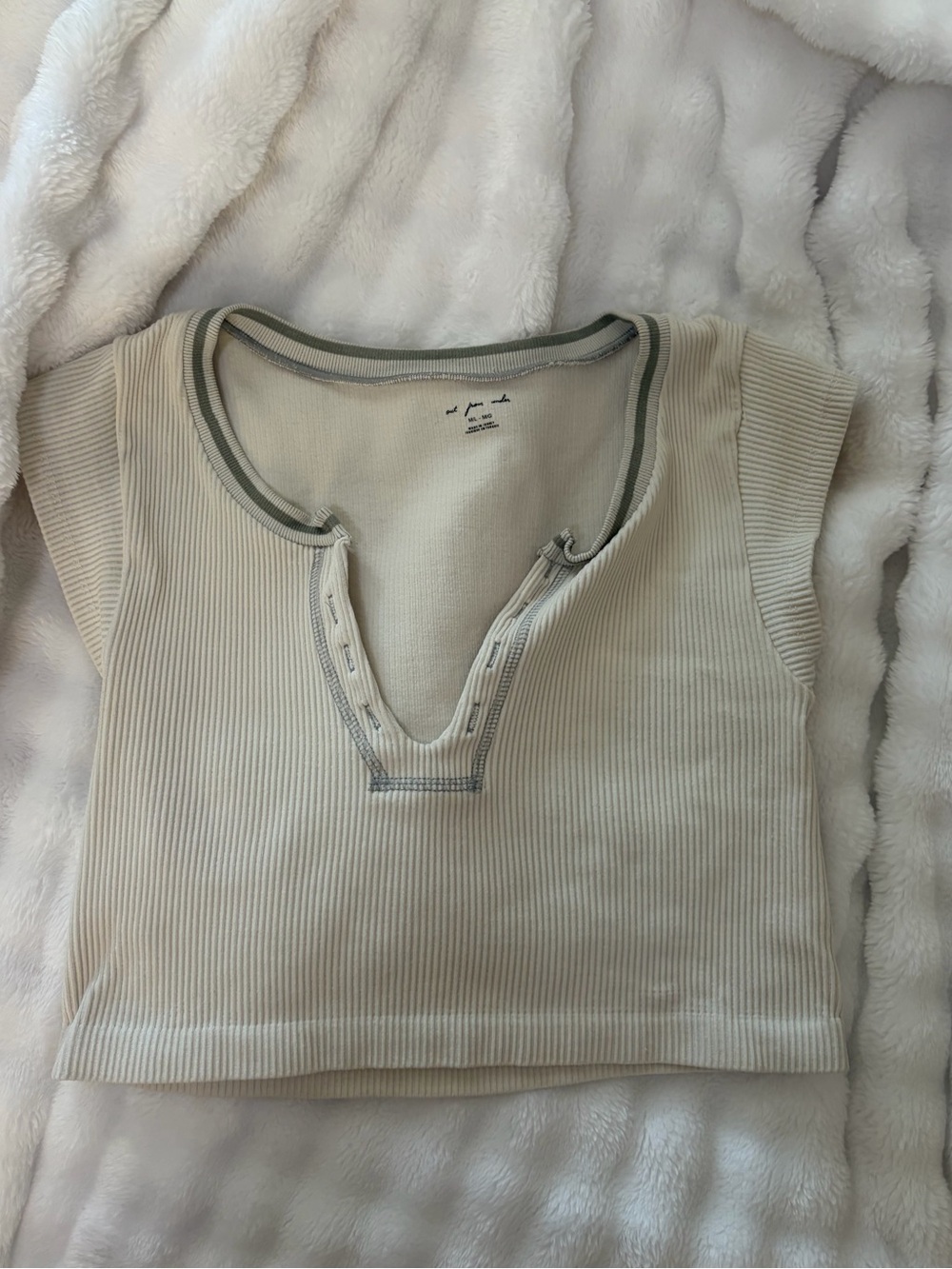 Urban Outfitters Beige Ribbed Crop Top with Gray Trim